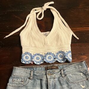 Hollister Cream Crochet Halter Crop Top with Blue Accent